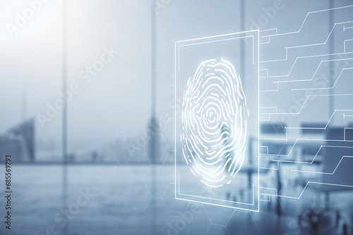 Multi exposure of virtual creative fingerprint hologram on a modern meeting room background, personal biometric data concept