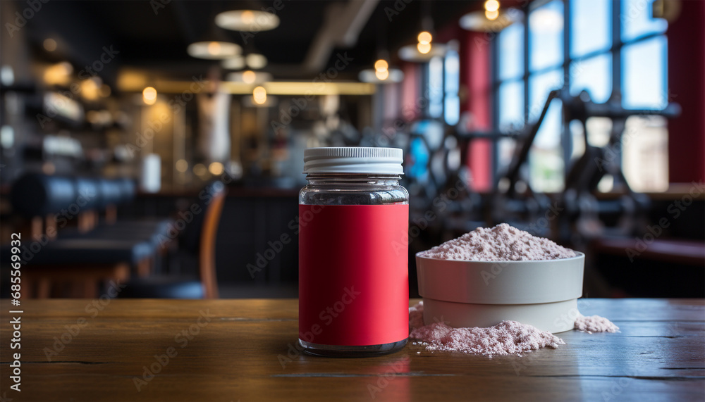 Gym supplies nutrition creatine, creatine monohydrate powder blank mockup jar in the gym. Protein and recommends taking sports nutrition while doing bodybuilding. muscles protein  achieve training.  - obrazy, fototapety, plakaty 