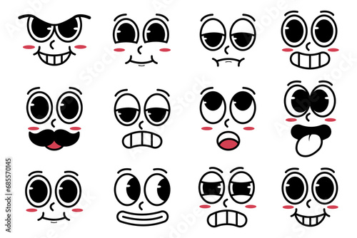 Set of kawaii cartoon faces with different emotions and expressions. Vector illustration in a flat retro style