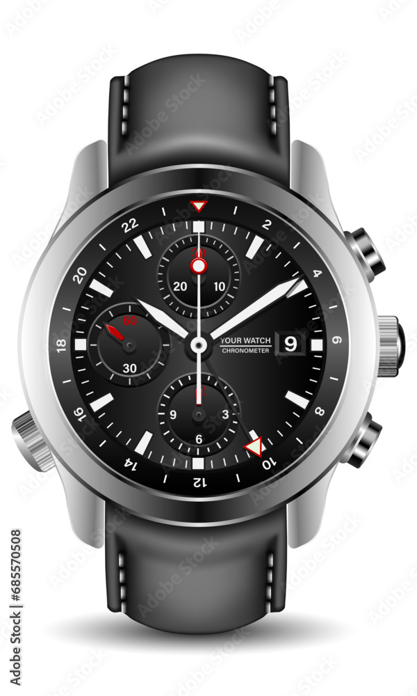 Realistic watch clock silver face black red arrow white number with leather strap on isolated design classic luxury vector Realistic watch clock silver face black red arrow white number with leather strap on isolated design classic luxury vector