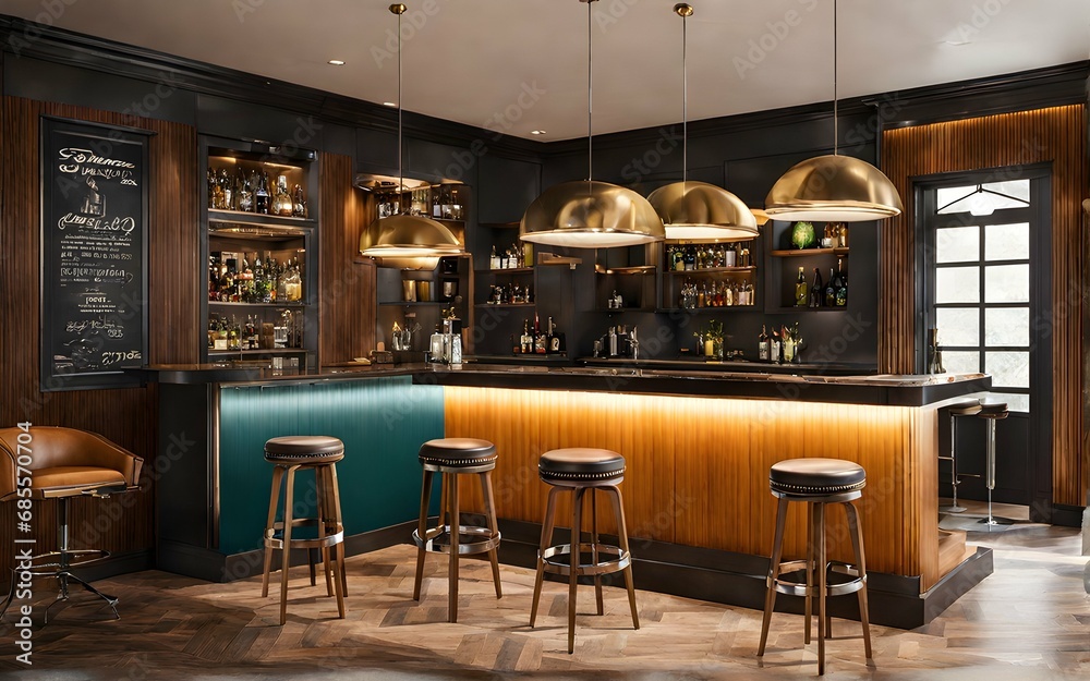 A retro-themed bar area with vintage stools and pendant lights.