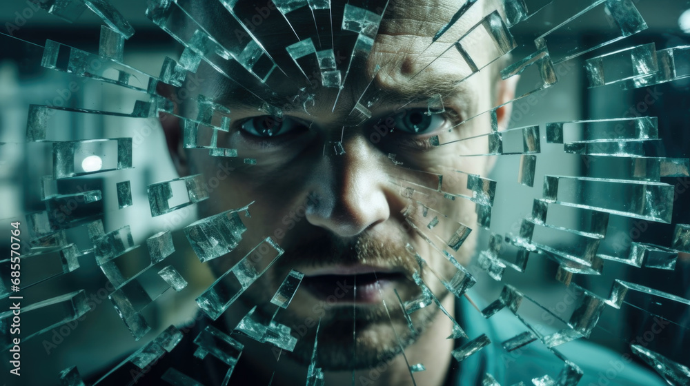 Man behind wet and cracked glass. Concepts of mental disorder or other ...