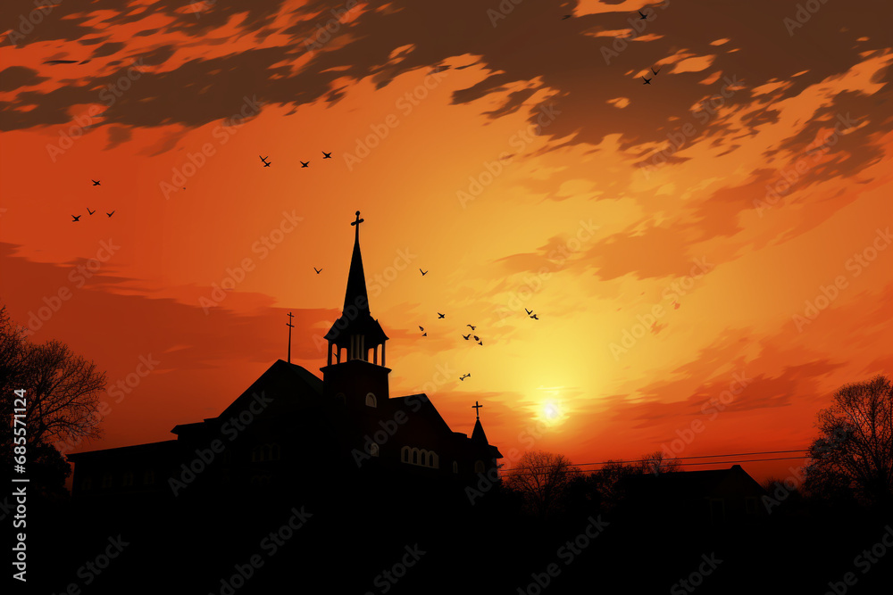 Obraz premium illustration of silhouette of church at sunset. Created with Generative AI