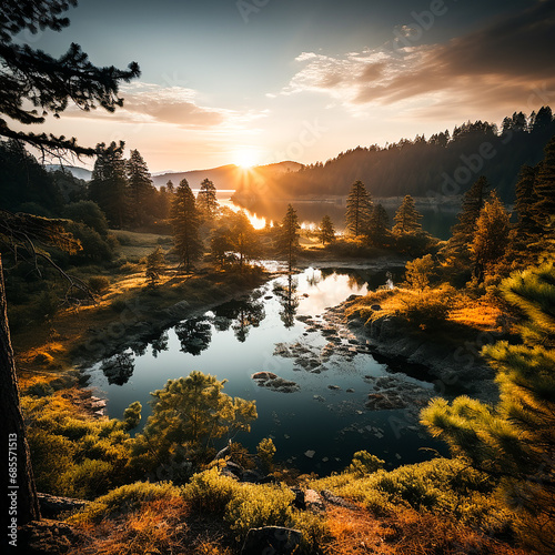 Scenic colourful sunrise over Macquarie river in Dubbo with pelikan birds floating on surface.