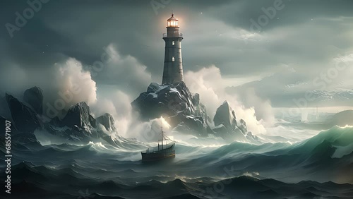 Light from a lighthouse on a stormy sea. Created with Generative AI. photo