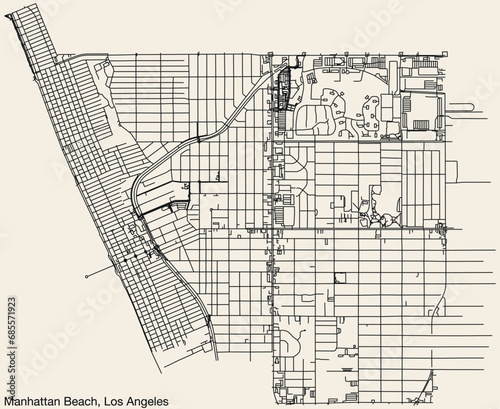Detailed hand-drawn navigational urban street roads map of the CITY OF MANHATTAN BEACH of the American LOS ANGELES CITY COUNCIL, UNITED STATES with vivid road lines and name tag on solid background
