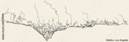Detailed hand-drawn navigational urban street roads map of the CITY OF MALIBU of the American LOS ANGELES CITY COUNCIL, UNITED STATES with vivid road lines and name tag on solid background
