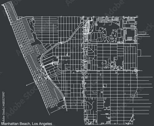 Detailed hand-drawn navigational urban street roads map of the CITY OF MANHATTAN BEACH of the American LOS ANGELES CITY COUNCIL, UNITED STATES with vivid road lines and name tag on solid background