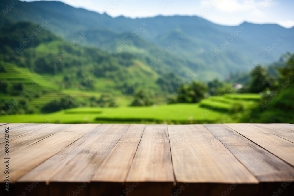 empty wooden table top for product display montages with blurred rice terraces background