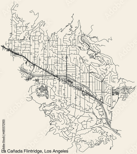 Detailed hand-drawn navigational urban street roads map of the CITY OF LA CANADA FLINTRIDGE of the American LOS ANGELES CITY COUNCIL, UNITED STATES with vivid road lines and name tag on solid backgrou