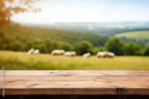 empty wooden table top for product display montages with blurred sheep on a sunny field view background © Anastasia YU