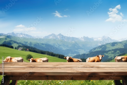 empty wooden table top for product display montages with blurred cows on a sunny field view background