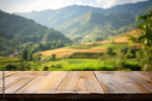 empty wooden table top for product display montages with blurred rice terraces background