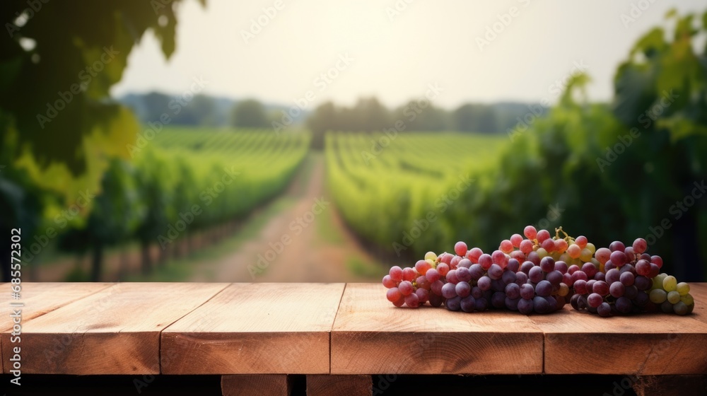 wooden table top with grapes for product display montages with blurred rows of grape bushes background - obrazy, fototapety, plakaty 