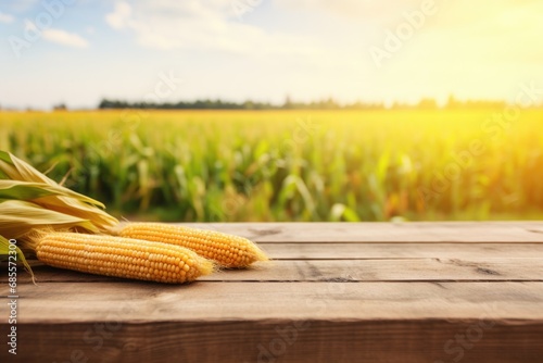 wooden table top with ears of corn for product display montages with blurred rows of corn background, contryside, farm field landscape photo
