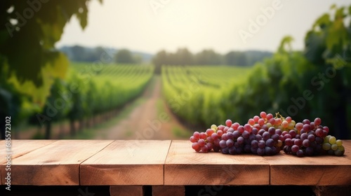 wooden table top with grapes for product display montages with blurred rows of grape bushes background photo