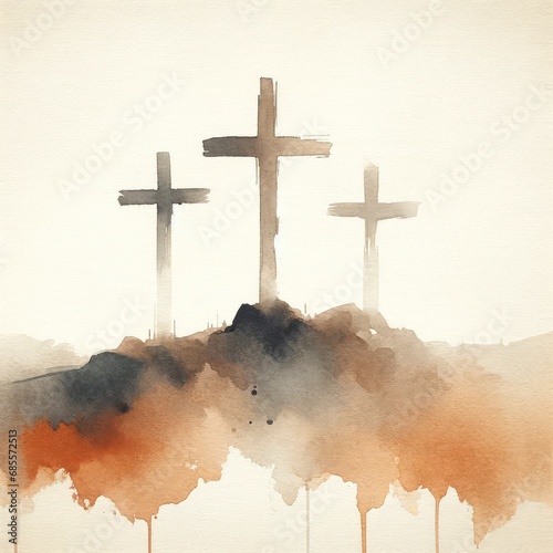The three crosses on Golgotha. Crosses painted in watercolor on neutral background