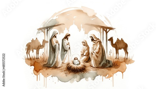 Watercolor illustration of Christmas Nativity Scene on white background