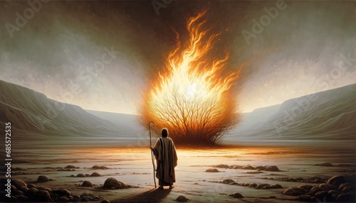Watercolor painting of Moses in front of the burning bush