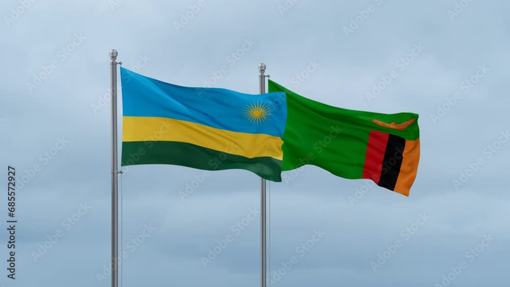 Zambia and Rwanda flag waving together on cloudy sky, endless seamless loop, two country cooperation concept Zambia and Rwanda flag waving together on cloudy sky, endless seamless loop, two country cooperation concept