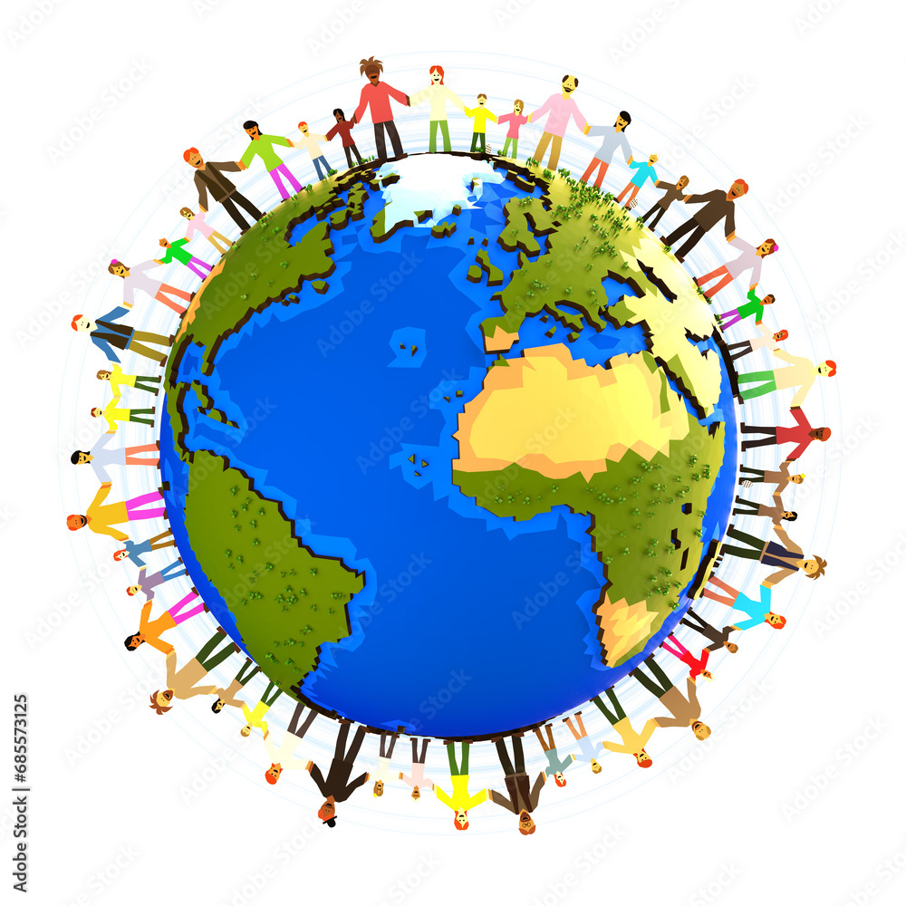 People around the world hand in hand together circling the globe. Different cultures and races together happy in peace. Earth wide globalism culture 3d illustration. 