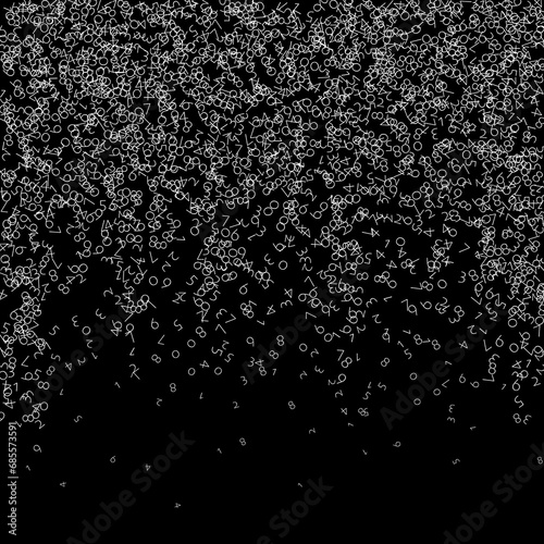 Falling numbers, big data concept. Binary white chaotic flying digits. Elegant futuristic banner on black background. Digital illustration with falling numbers.