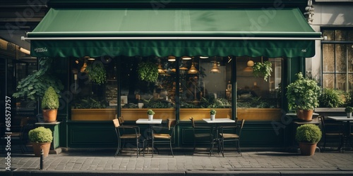 Café storefront with green awning photo