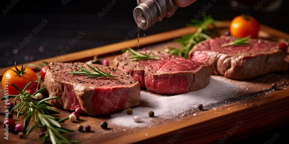 Seasoning steaks on a cutting board Seasoning steaks on a cutting board