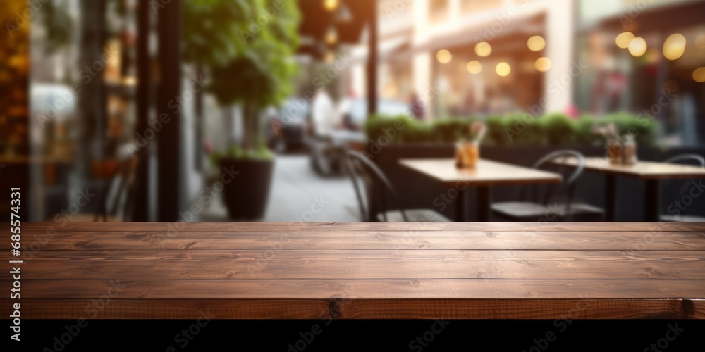 Empty wooden table with blurred restaurant background Empty wooden table with blurred restaurant background