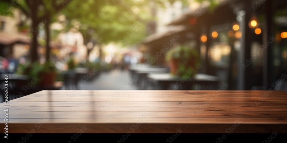 Empty wooden table with blurred restaurant background Empty wooden table with blurred restaurant background