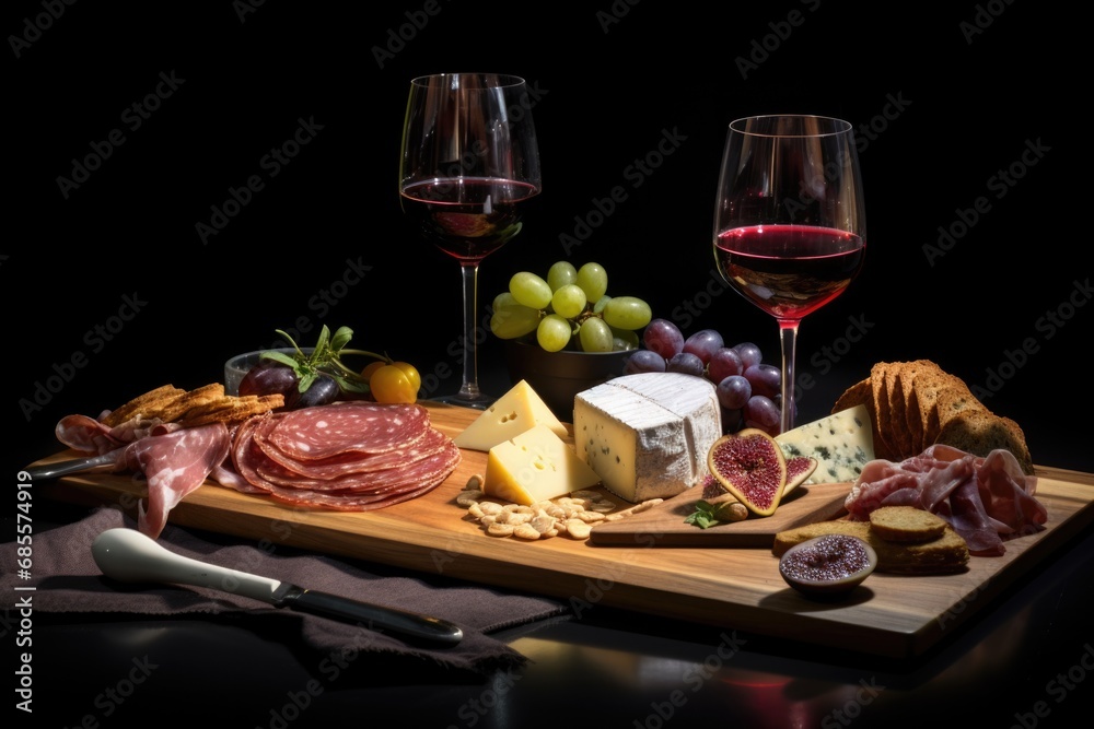 Glasses of Wine and Charcuterie Board Food Photography Featuring Fresh Meats and Cheeses
