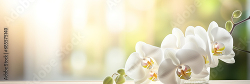 White orchid flower in a glass vase with sunlight on wooden table photo