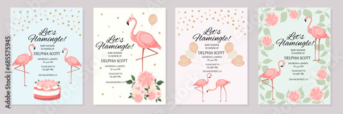 Flamingo party invitation.Baby shower invitations with flamingo cartoon character set.Birthday cards with cute animals.Wedding,Valentine's Day, baby shower,save the date,birthday.Vector illustration.