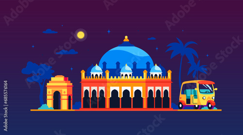 Akshardham and Gateway of India in New Delhi - colored vector illustration