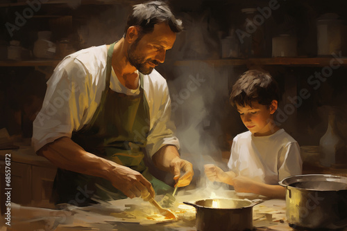 Family Culinary Time: Father and Son Preparing Food in the Kitchen