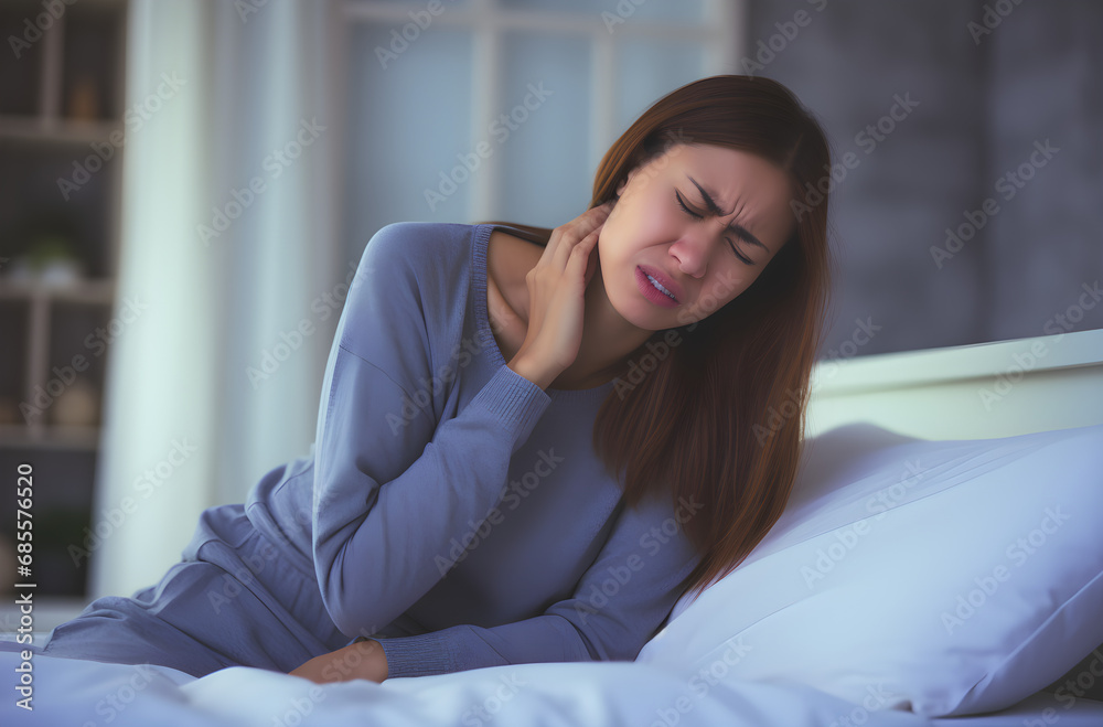 Woman having neck pain lying in bed, female holding her neck with a