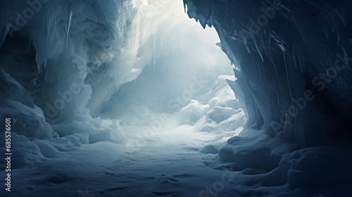 An ice cave in Antarctica, with sunlight filtering through the ice, creating a mystical and ethereal atmosphere.