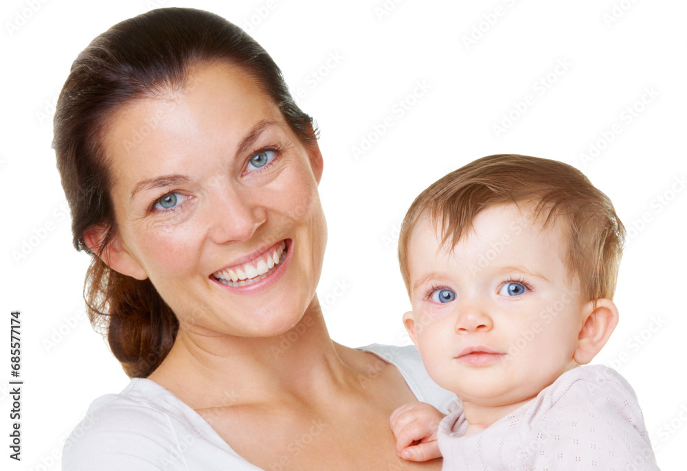 Portrait, baby and mother with smile, care and love with happiness isolated on white studio background. Face, mama and infant with joy, bonding together and cheerful with family, maternal and toddler Portrait, baby and mother with smile, care and love with happiness isolated on white studio background. Face, mama and infant with joy, bonding together and cheerful with family, maternal and toddler