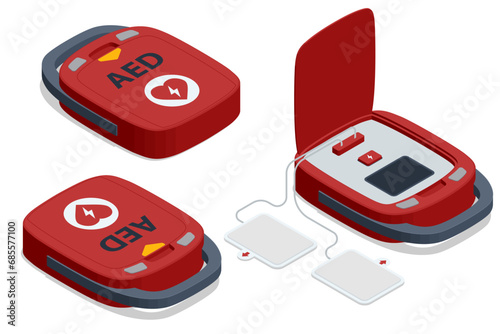 Isometric defibrillator, performing defibrillation to critical patien. First aid kit. Cardiopulmonary reanimation. Cardiopulmonary resuscitation cpr emergency procedure