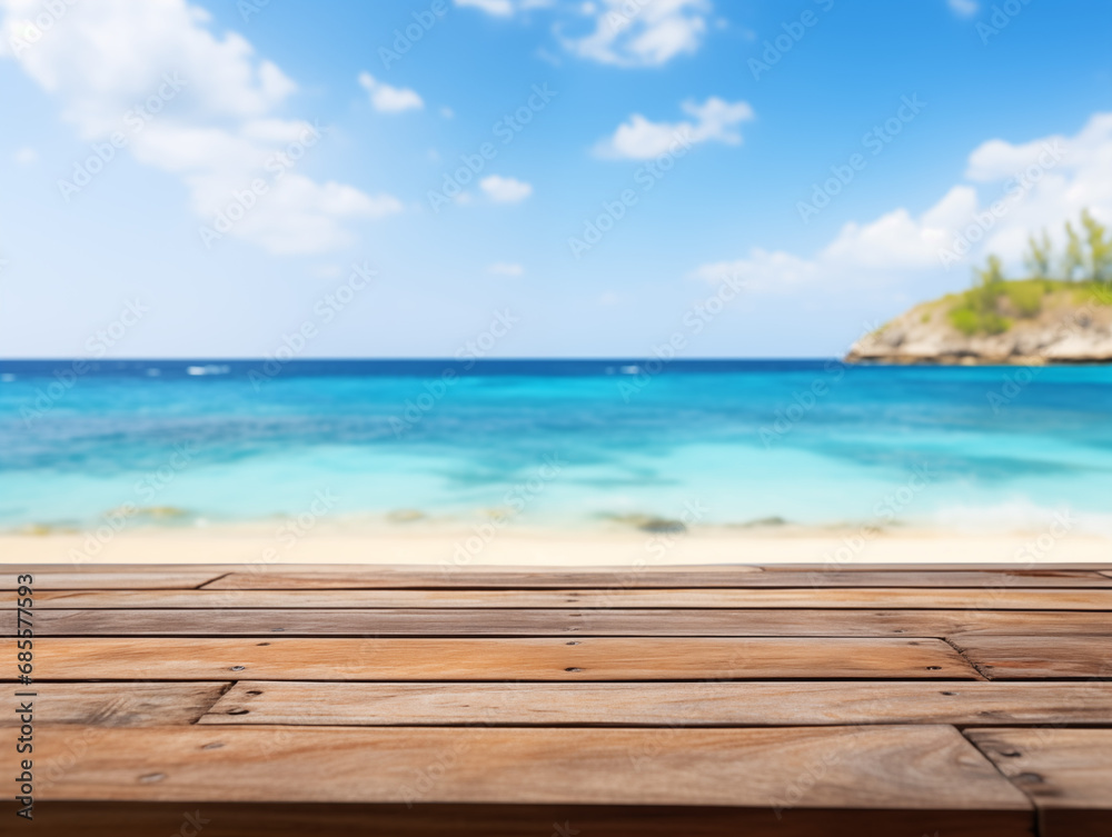 Empty wooden table on background of Beautiful beach