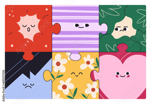 Puzzle design with different cute faces, funny characters. Creative jigsaw wi...