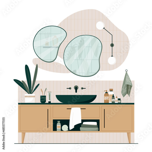 Bathroom interior design flat vector illustration. Bathroom cabinet with sink, mirror, bathroom furniture, accessories and plants. Japandi or Scandinavian interior style isolated on white