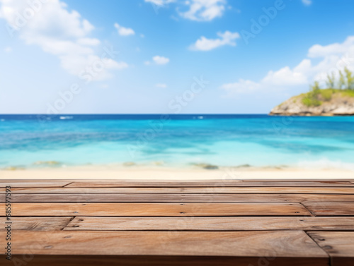 Empty wooden table on background of Beautiful beach © kin