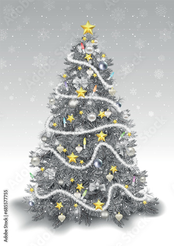 Silver Christmas Tree with Christmas Ornaments and Golden Stars with Backgrou...