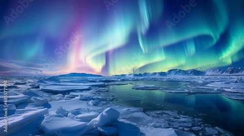 A breathtaking scene of the Northern Lights (Aurora Borealis) over a frozen tundra in the Arctic. © AQ Arts