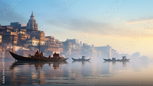 A calm morning on the Ganges River in Varanasi, India, with traditional boats and the city's historic ghats in view. © AQ Arts