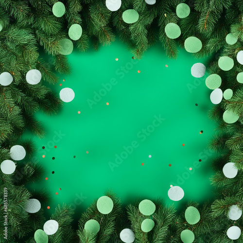 Green New Year background with coniferous needles.