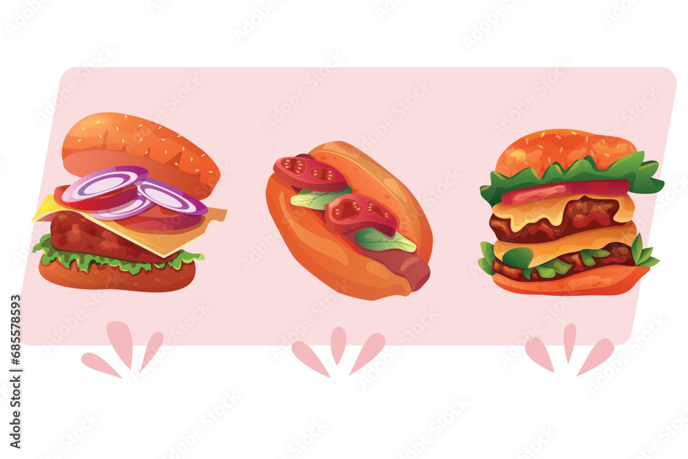 Juice set of fast food burger and Hot Dog isolated with rose background Juice set of fast food burger and Hot Dog isolated with rose background