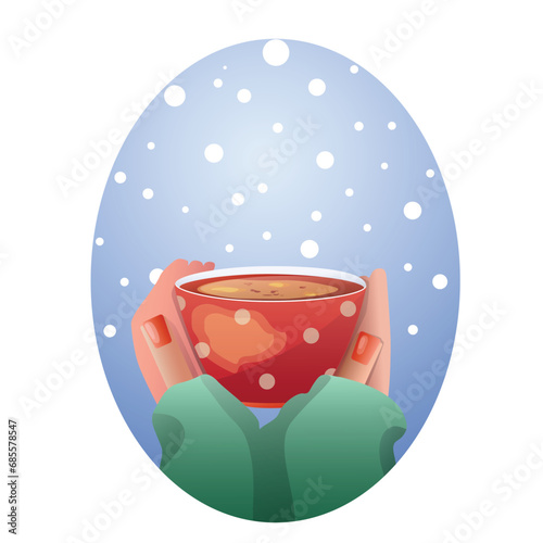 Winter day cup of coffee or tea in hand card created vector illustration isolated on a blue background