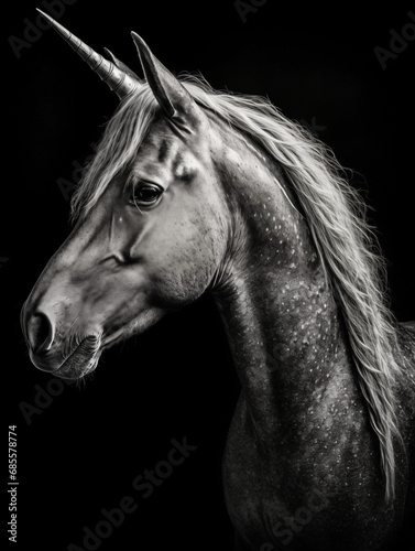 Black and white portrait of a unicorn